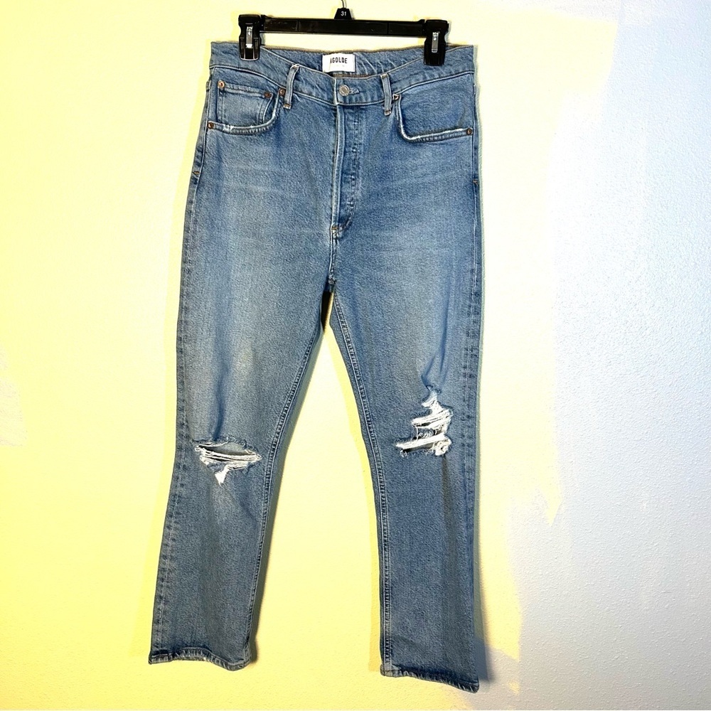AGOLDE Riley High Rise Straight Crop Denim Blue Jeans Button Fly Distress Sz 29